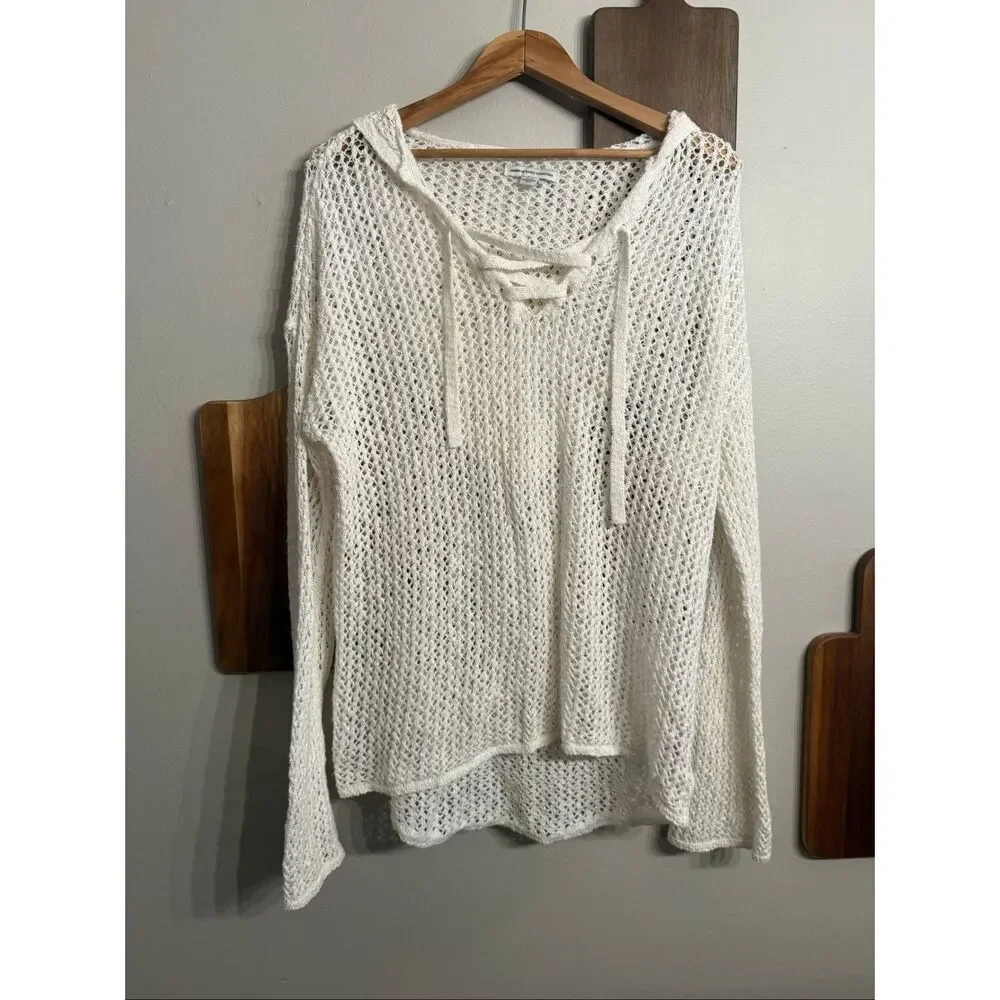 American Eagle Outfitters Off White Lace Up Mesh Pullover Hoodie Size Medium - Picture 1 of 5